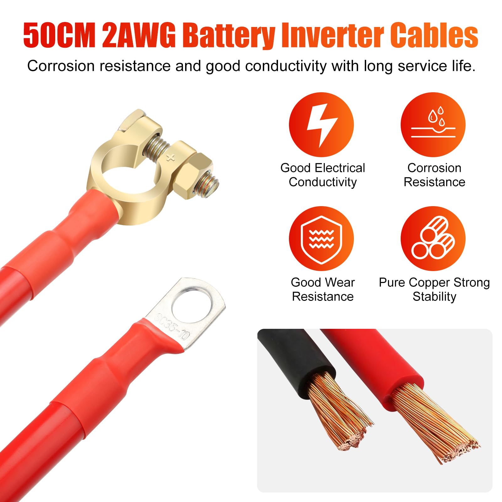 Linkstyle 50 cm 2AWG cable with pre-installed tinned clamps and rings
