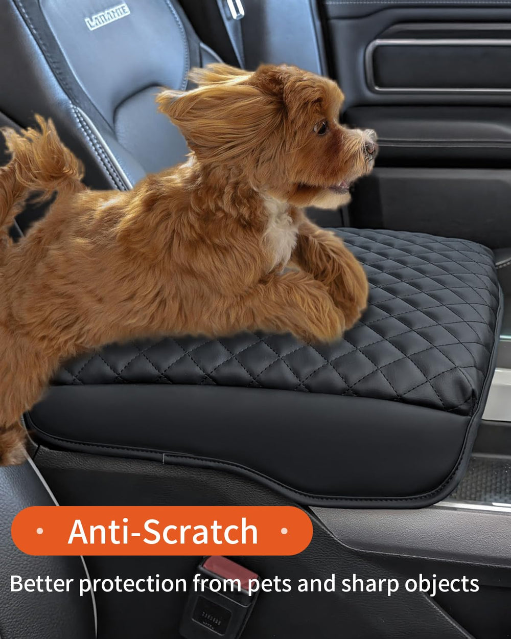 LINOAH center console cover in use inside a RAM cabin concealing essentials.
