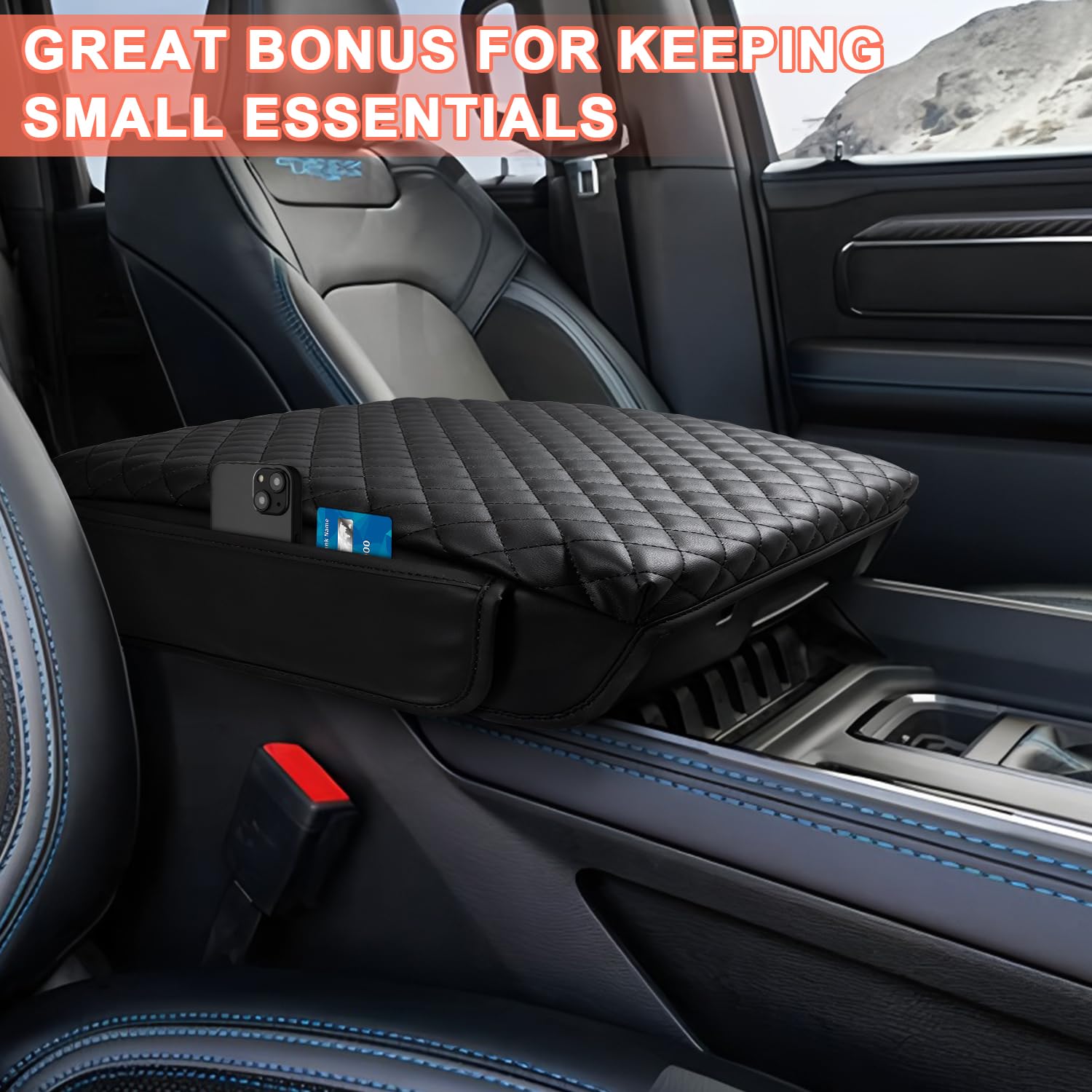 LINOAH center console cover with side pockets close-up highlighting added storage.
