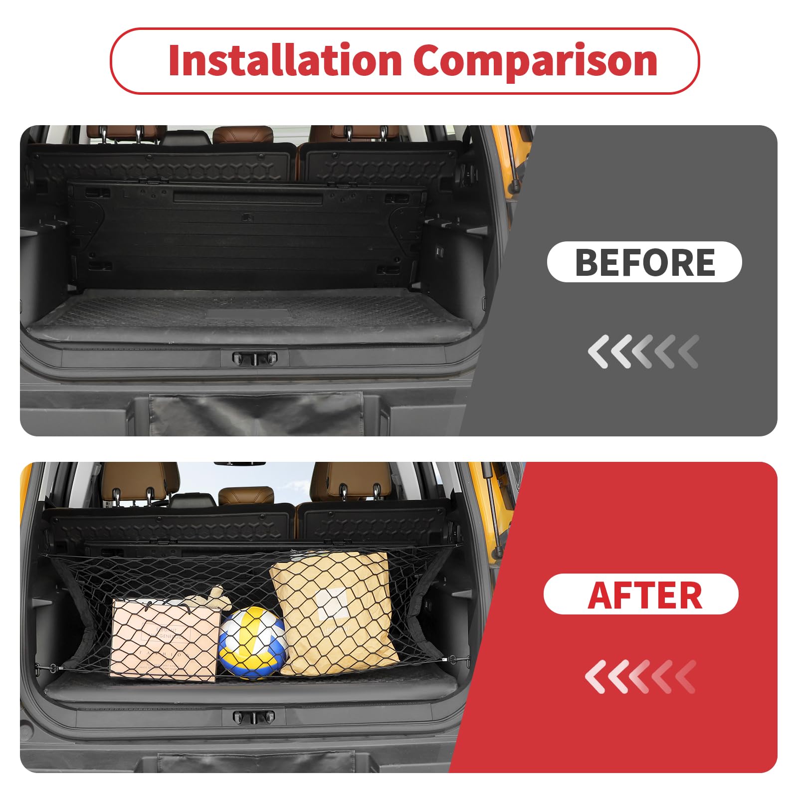 Bronco Sport trunk net with double mesh pockets keeps groceries and gear in place.