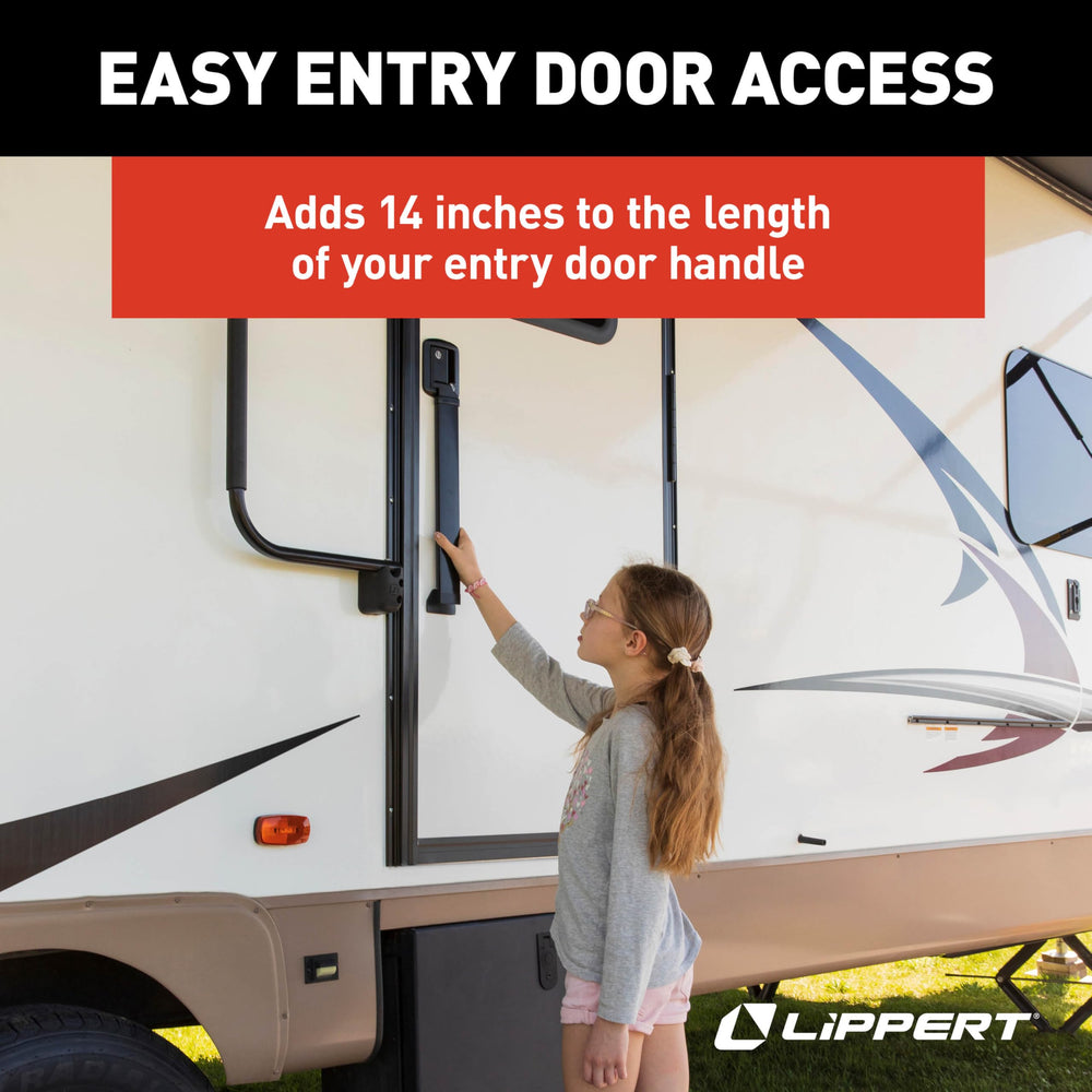 Lippert LatchXtend in use demonstrates ground-to-door operation with less effort.