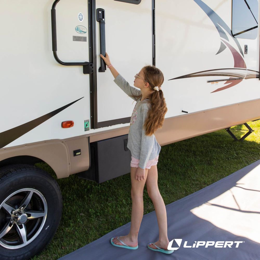 Lippert LatchXtend storage use allows latching from ground when RV is stored.