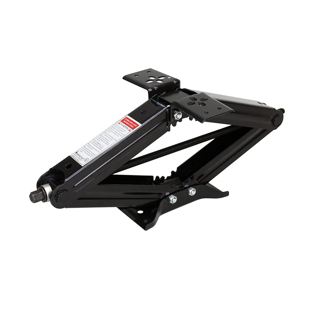 Lippert manual RV scissor jack 5k extended stabilizes your trailer on uneven ground.