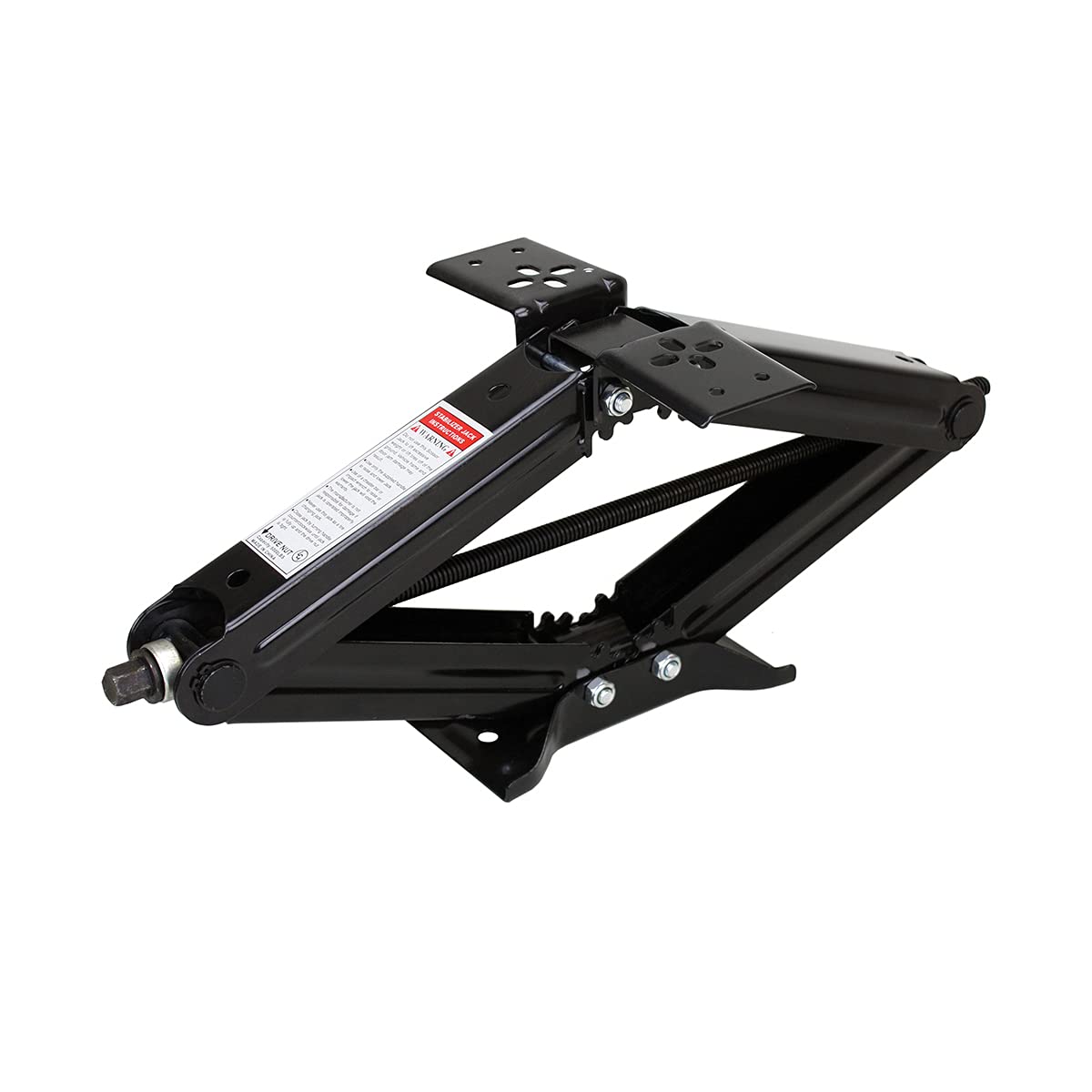 Lippert manual RV scissor jack 5k extended stabilizes your trailer on uneven ground.