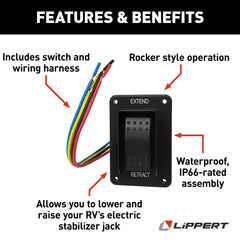 Lippert replacement power stabilizer retract switch enables effortless trailer stabilization.