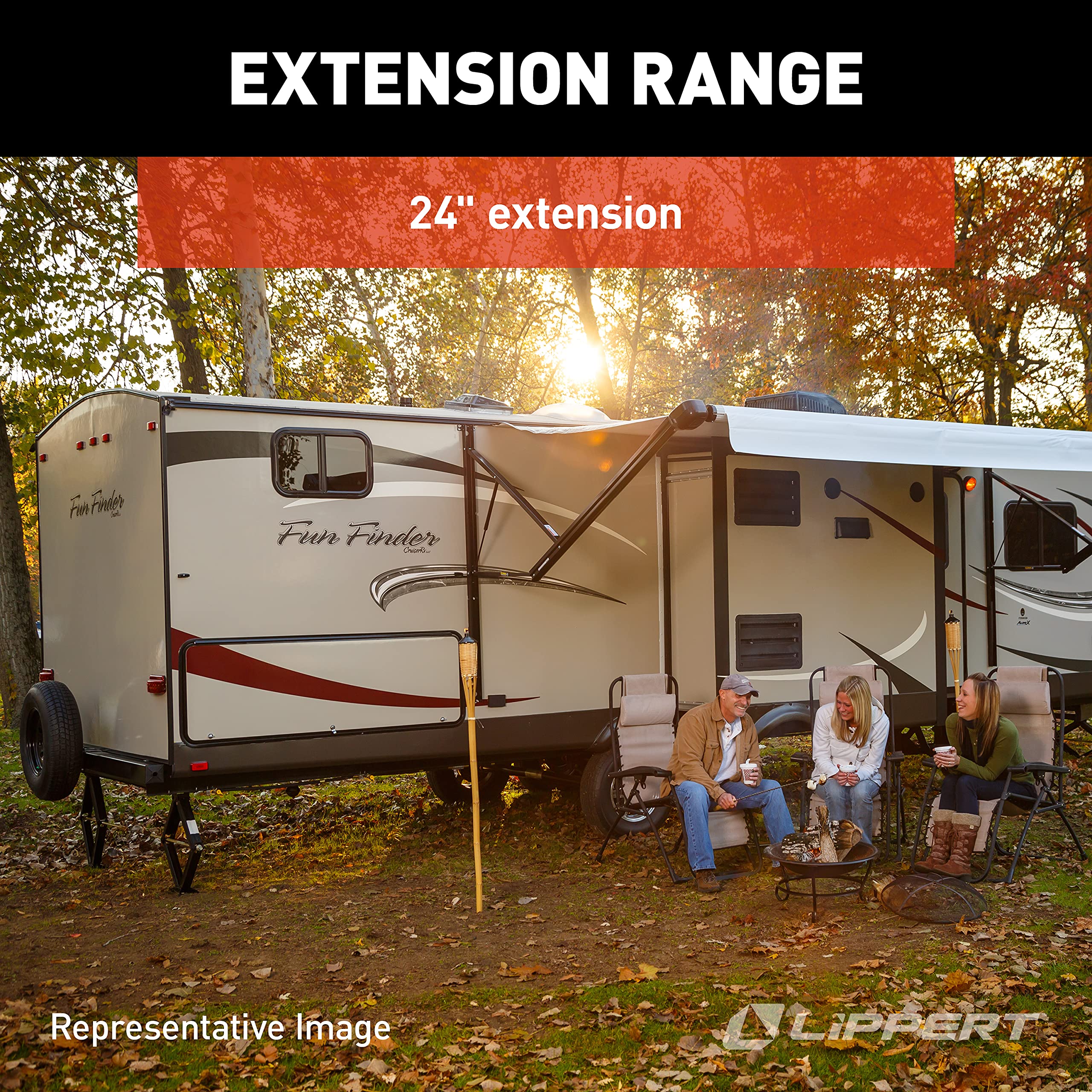 Lippert scissor jack with rust-resistant finish for outdoor RV use.