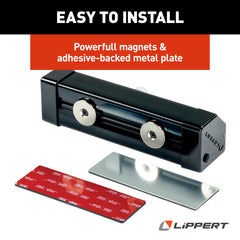 Lippert light includes adhesive plate for non-magnetic mounting.