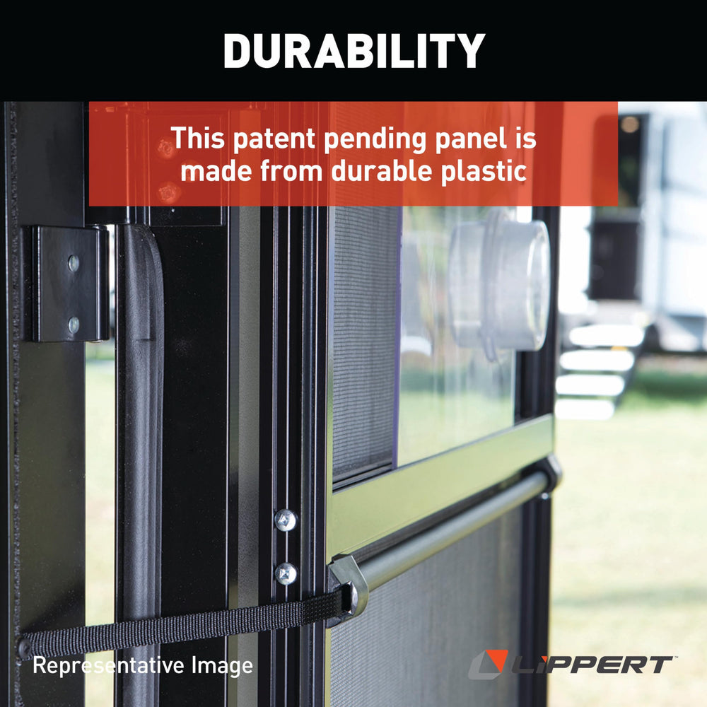 Lippert screen door panel in use, helping reduce pests while outdoors.