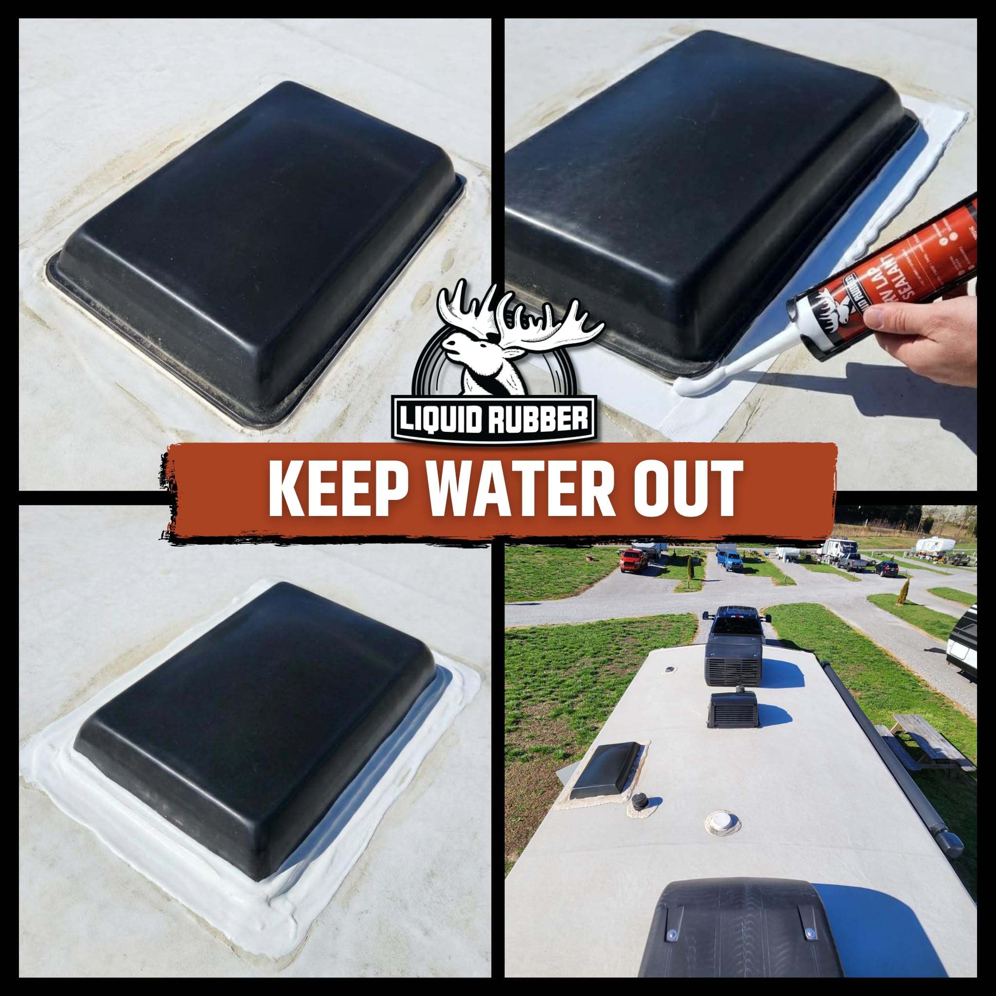 Liquid Rubber RV lap sealant seals roof seams to prevent leaks.