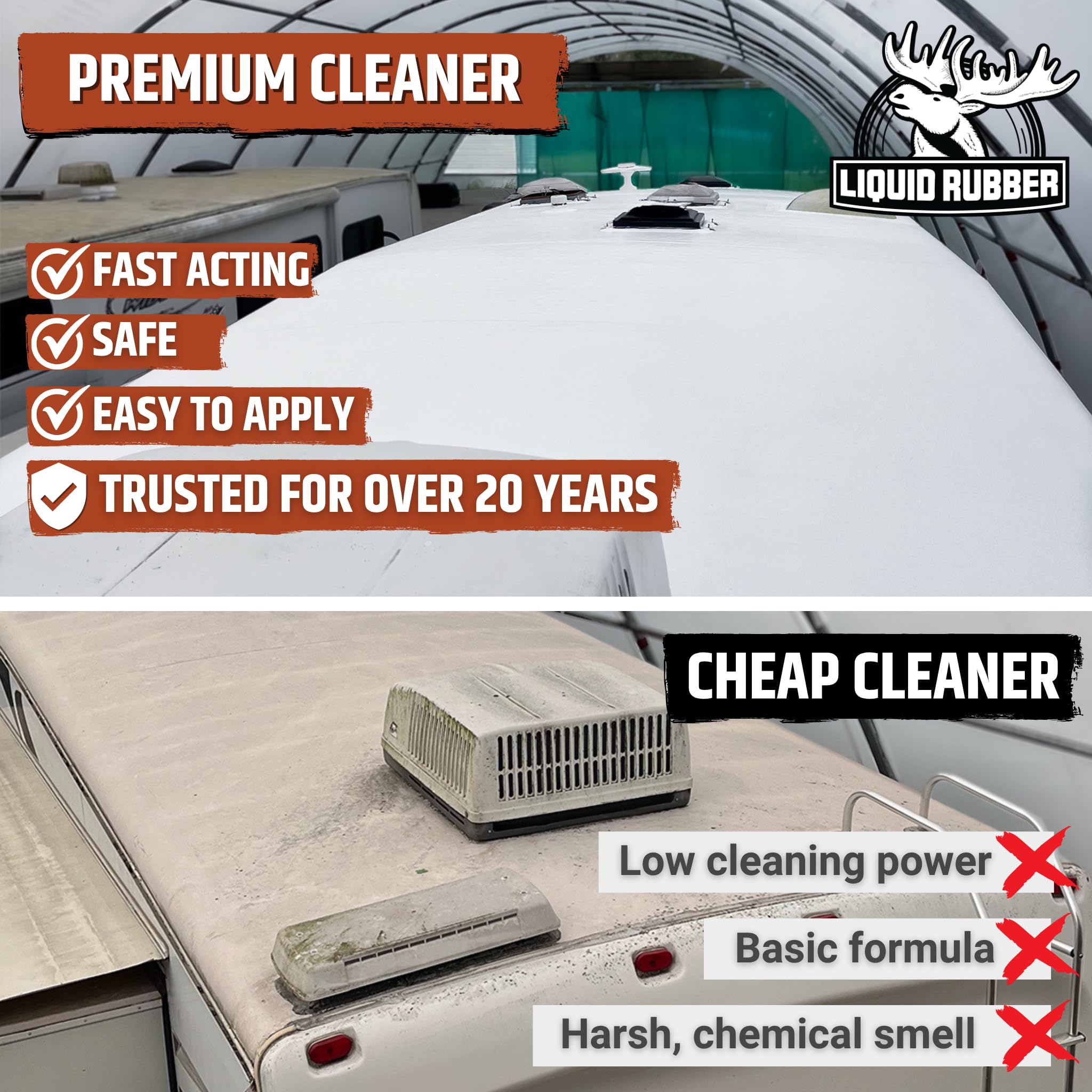 Liquid Rubber RV Smart Cleaner roof application image shows even coverage