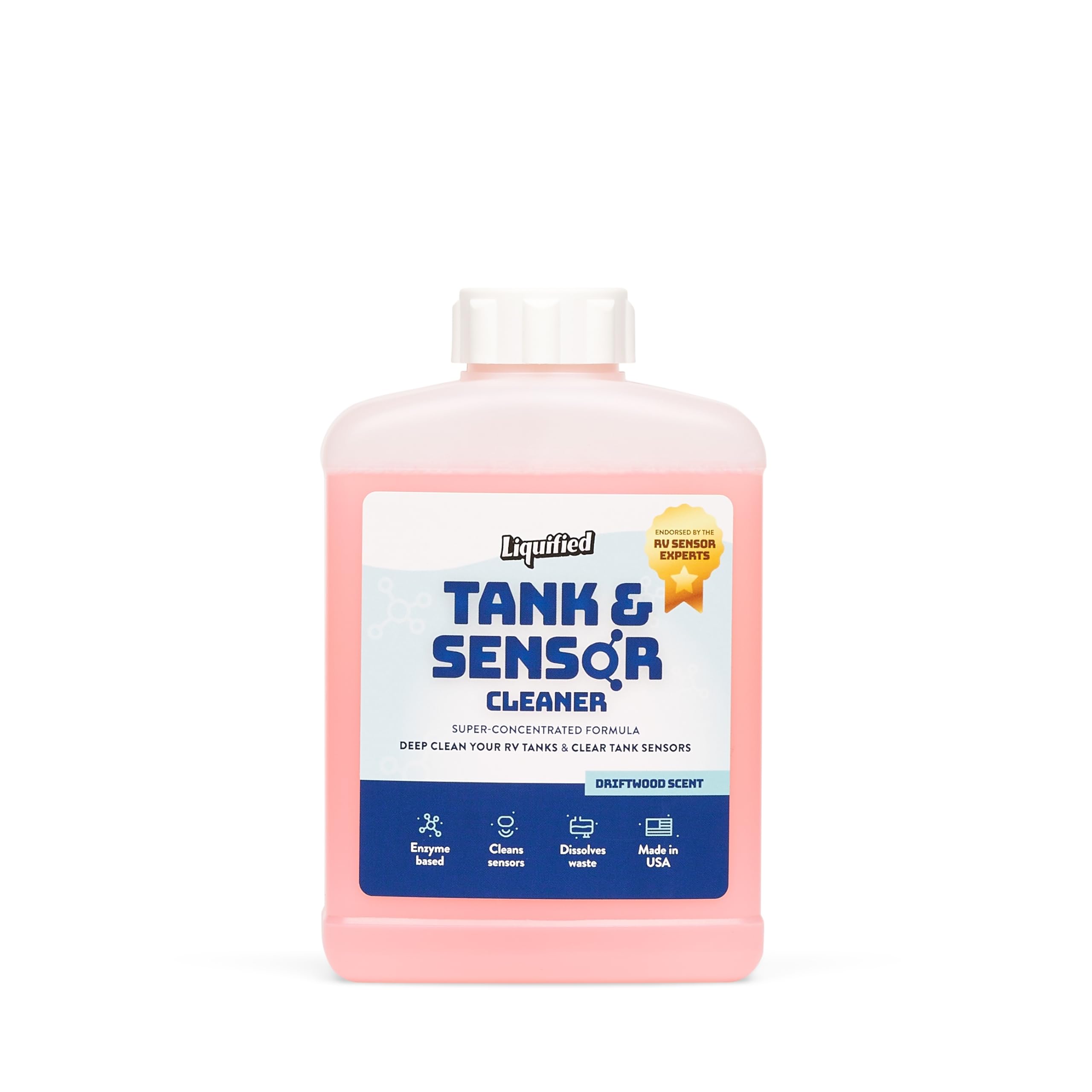 Liquified RV Sensor Treatment bottle closeup showing concentrated cleaning formula.