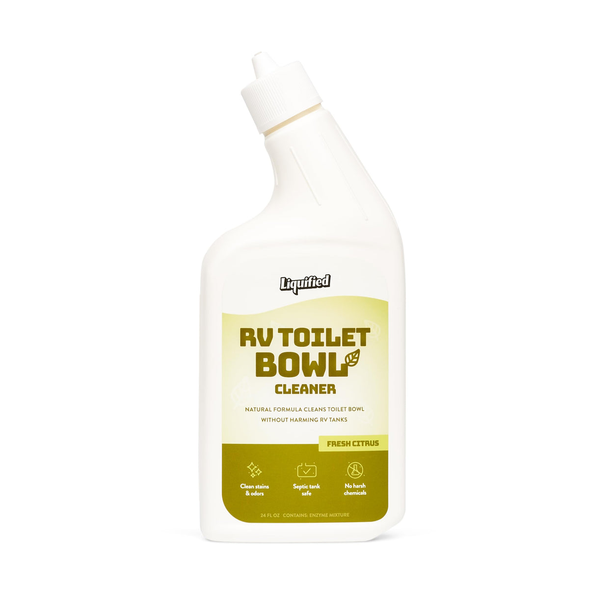 Liquified RV Toilet Bowl Cleaner bottle showing citrus scent for fresh RV cleaning