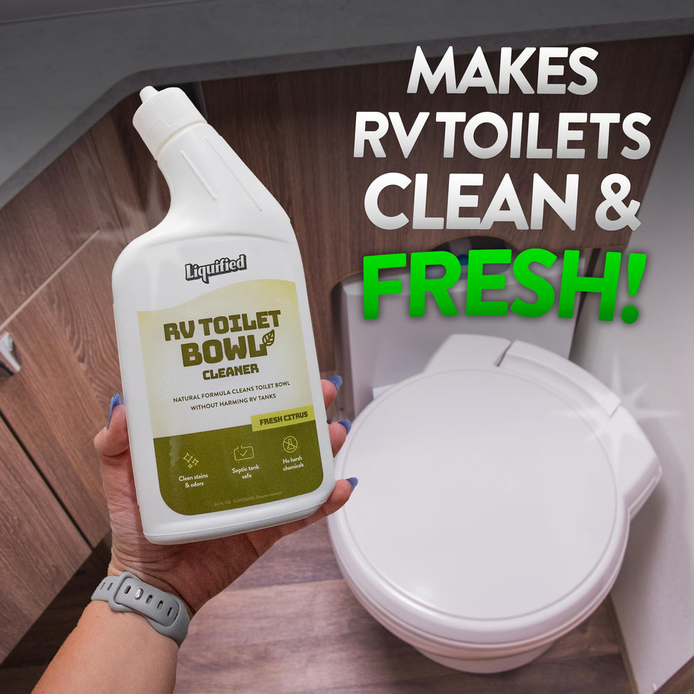 Liquified RV Toilet Bowl Cleaner bottle with septic-tank safe label
