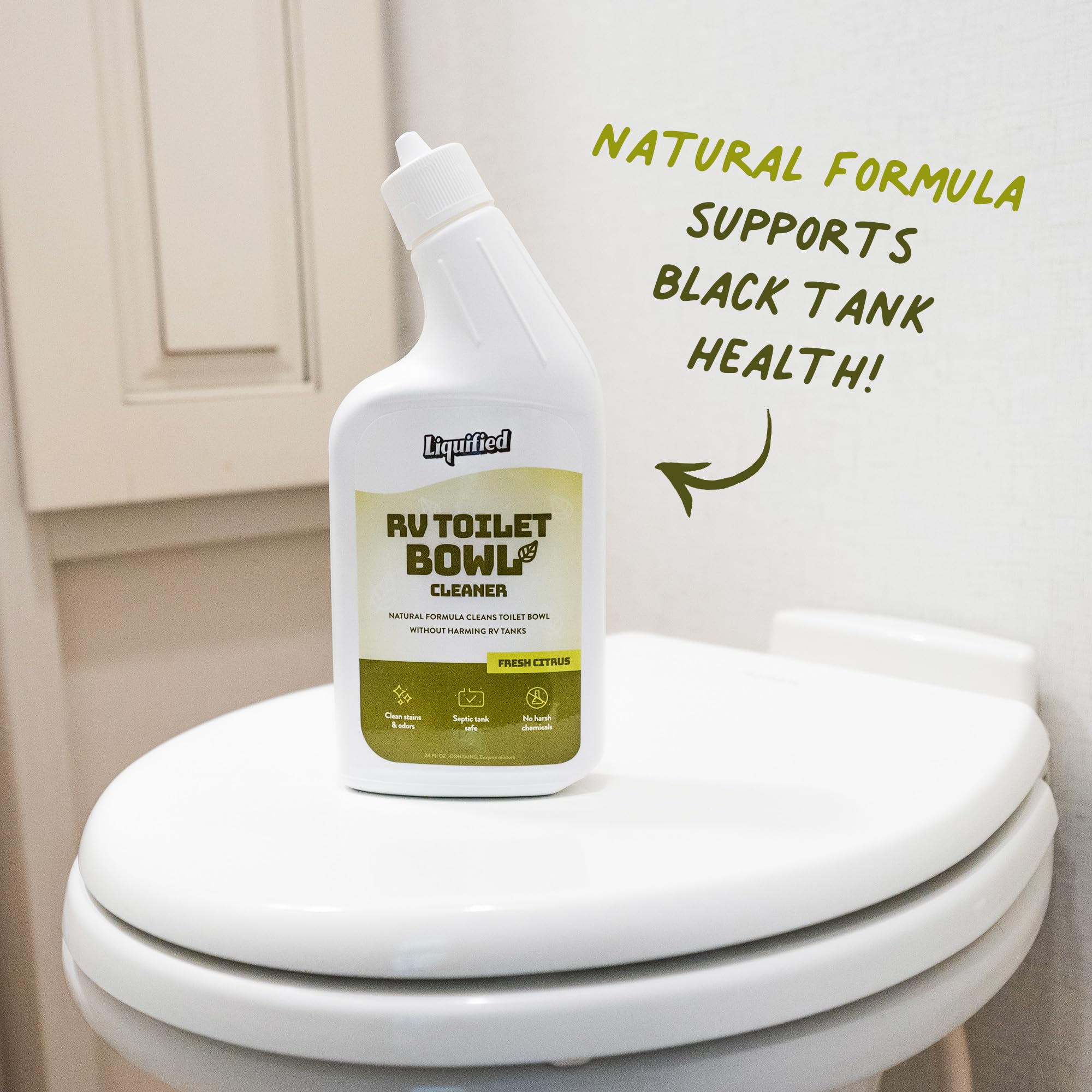 Liquified RV Toilet Bowl Cleaner in use, showcasing septic-safe formulation