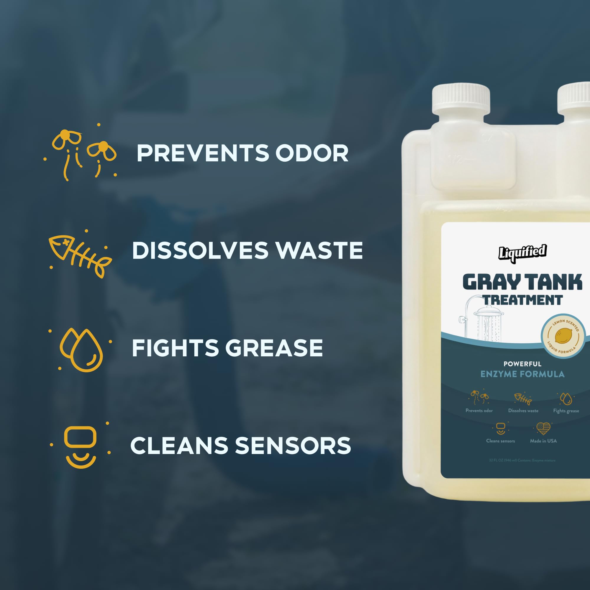 Bathroom tank image shows hair and soap scum being broken down.