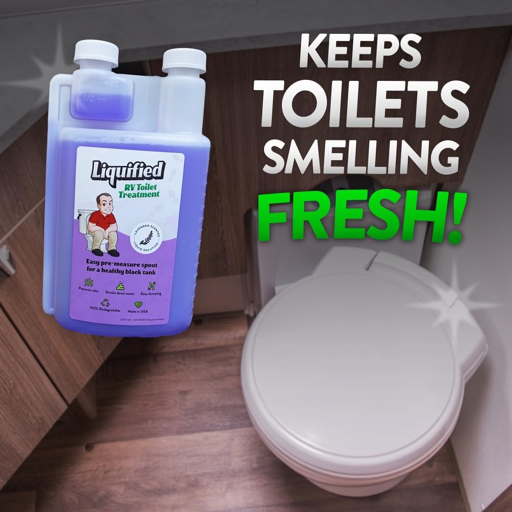 Liquified RV Toilet Treatment biodegradable symbol emphasizes eco friendly formula safe for septic systems.