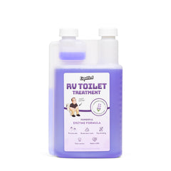 Liquified RV Toilet Treatment bottle pour demonstrates easy application for quick tank maintenance.
