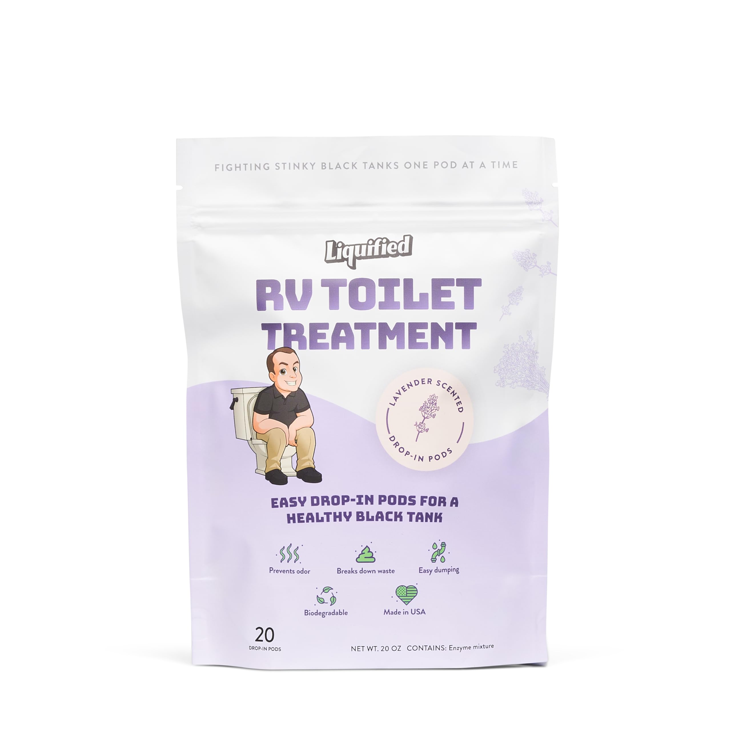 Liquified RV Toilet Treatment drop-in pod with lavender scent for odor control and waste breakdown.