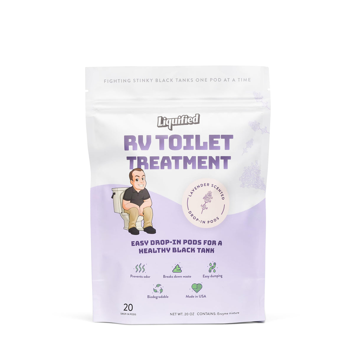 Liquified RV Toilet Treatment drop-in pod with lavender scent for odor control and waste breakdown.