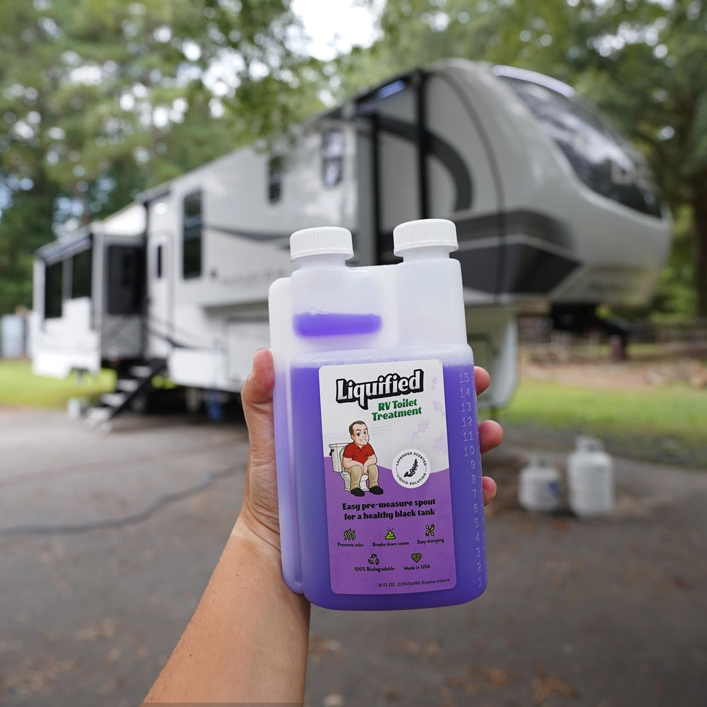 Liquified RV Toilet Treatment enzyme liquid demonstrates powerful breakdown for easier dumping.