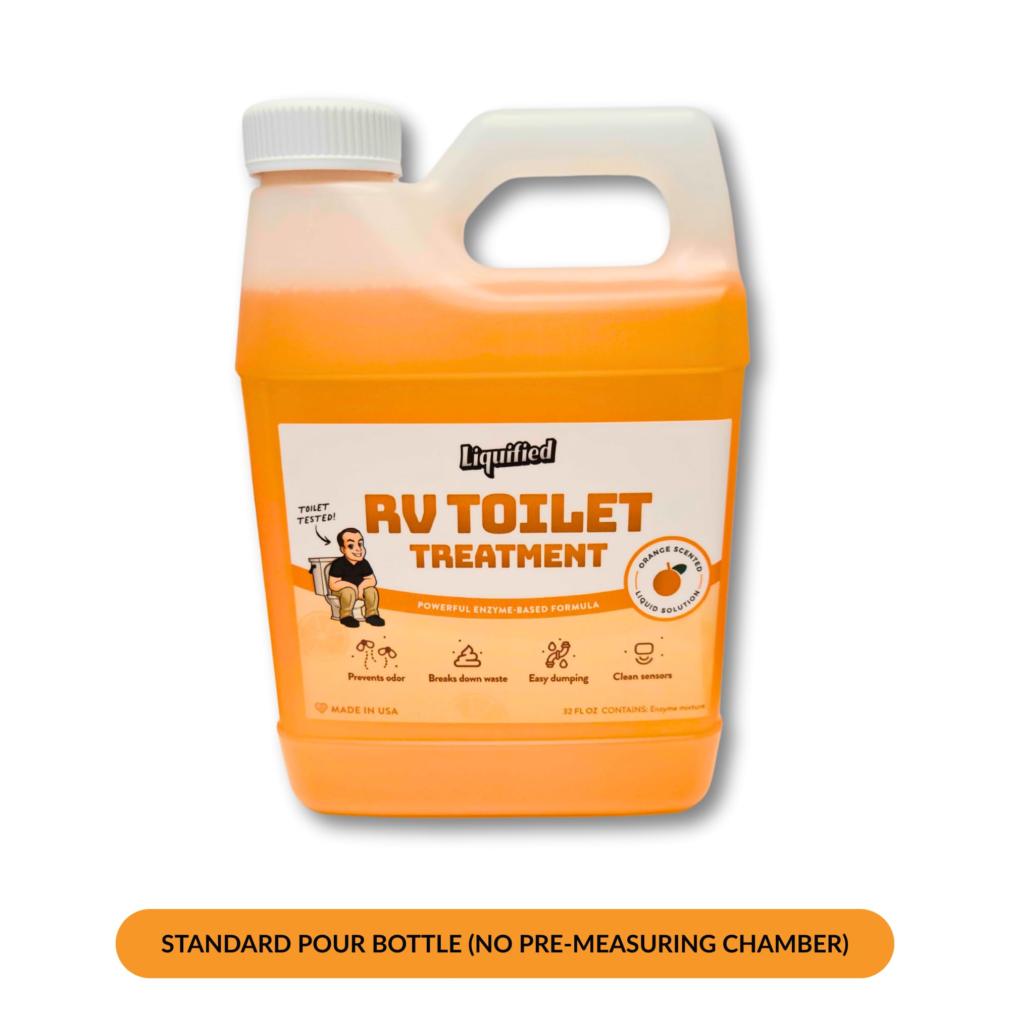 Liquified RV Toilet Treatment enzyme bottle aids waste digestion in holding tanks.