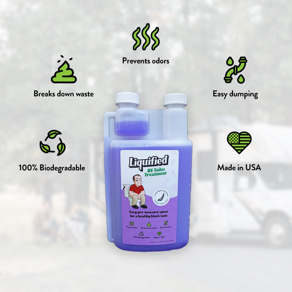 Liquified RV Toilet Treatment lavender scent image highlights pleasant odor control during dumping.