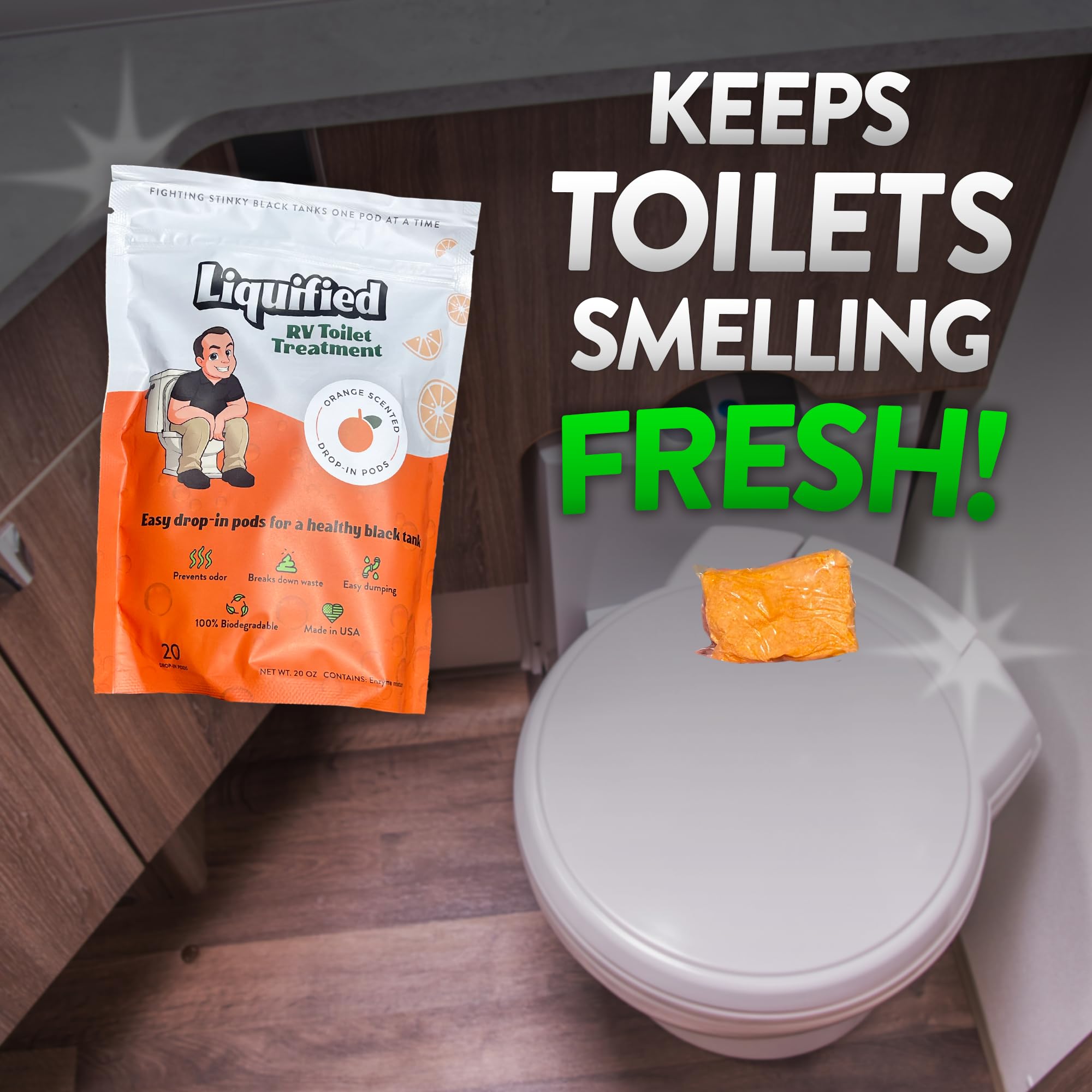 Liquified RV Toilet Treatment made in USA Elkhart supports quality and RV community.