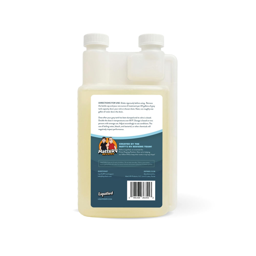Liquified RV Toilet Treatment lemon scent label highlights odor elimination benefits.