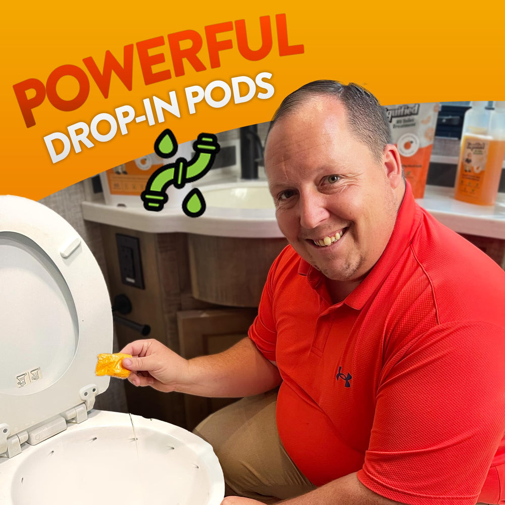 Liquified RV Toilet Treatment odor-elimination tank keeps odors at bay.