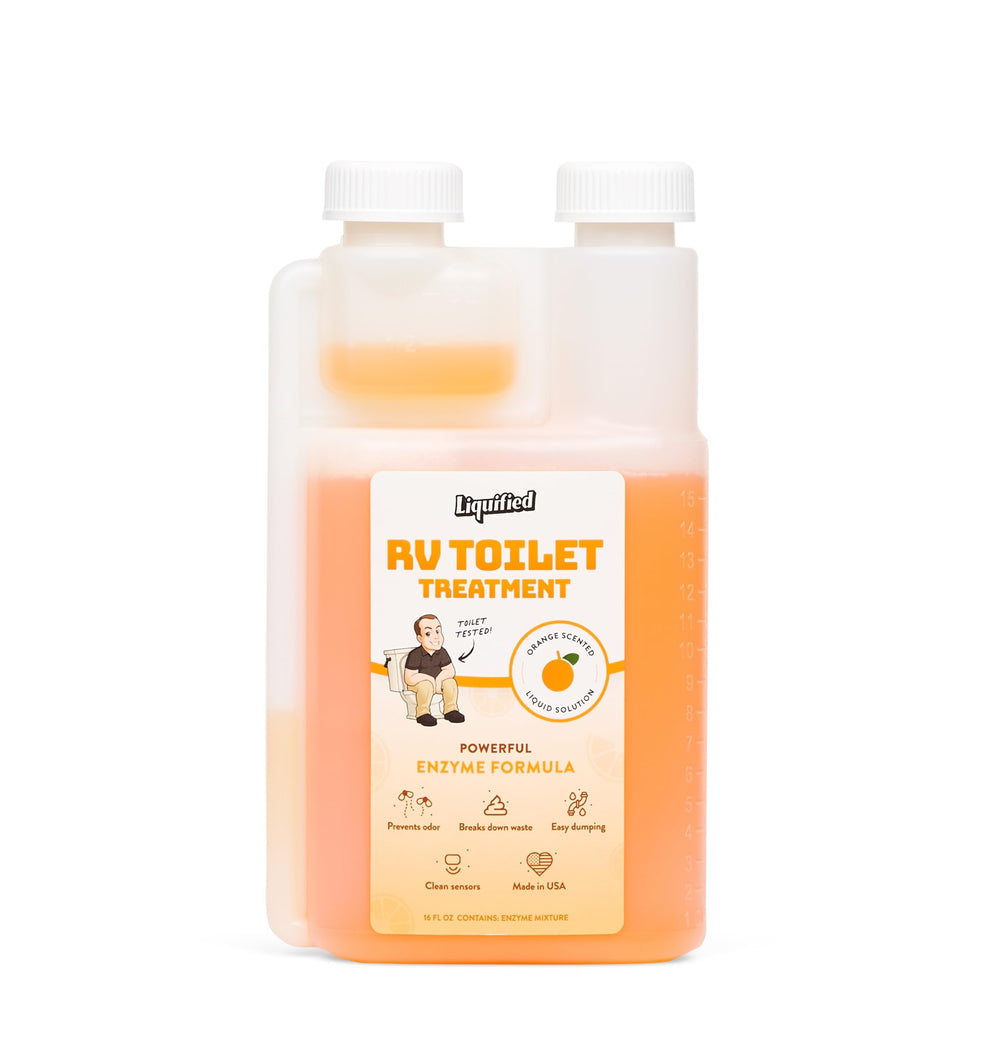 Liquified RV Toilet Treatment orange bottle being poured to liquify waste and toilet paper.