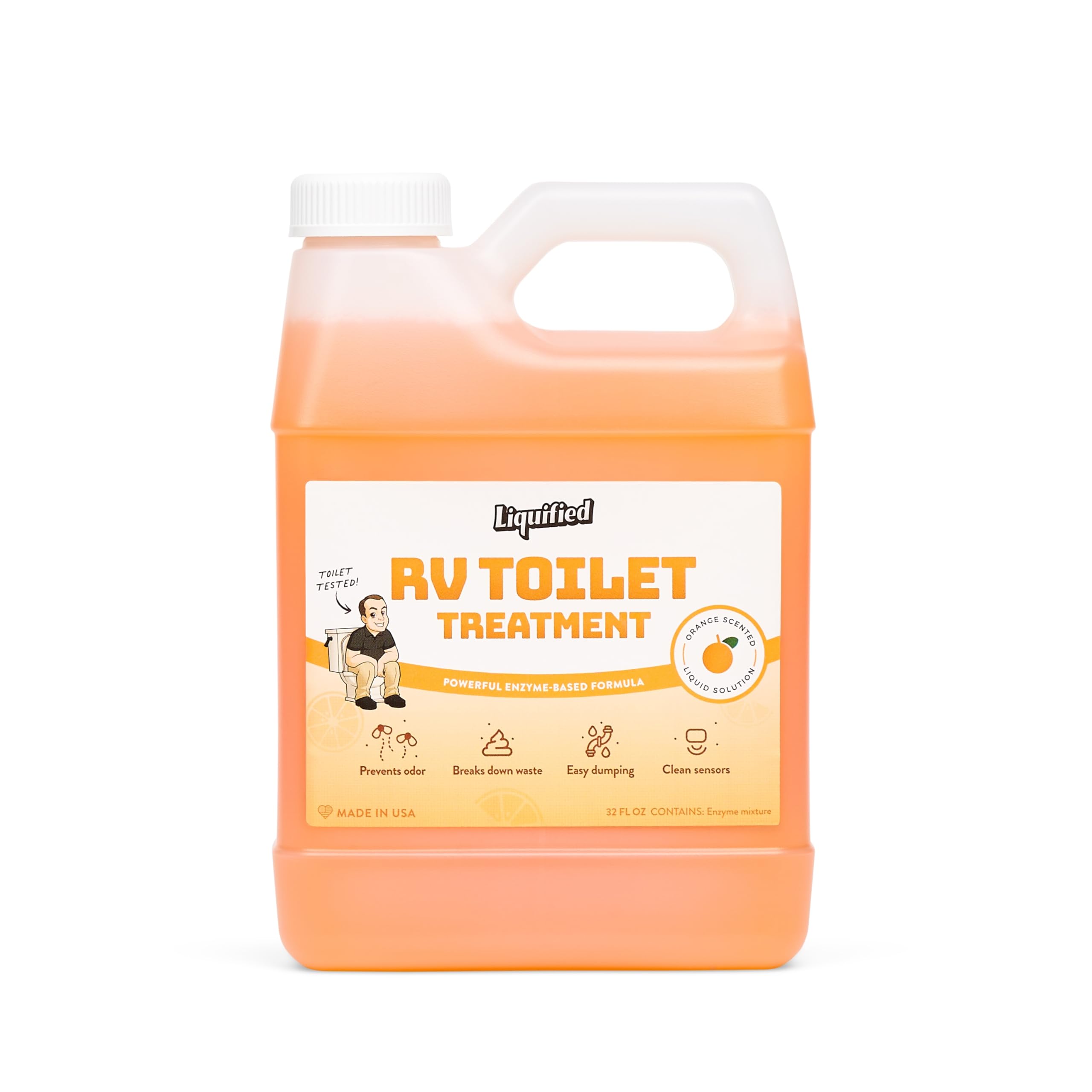 Liquified RV Toilet Treatment orange-scent bottle delivers fresh odor control.