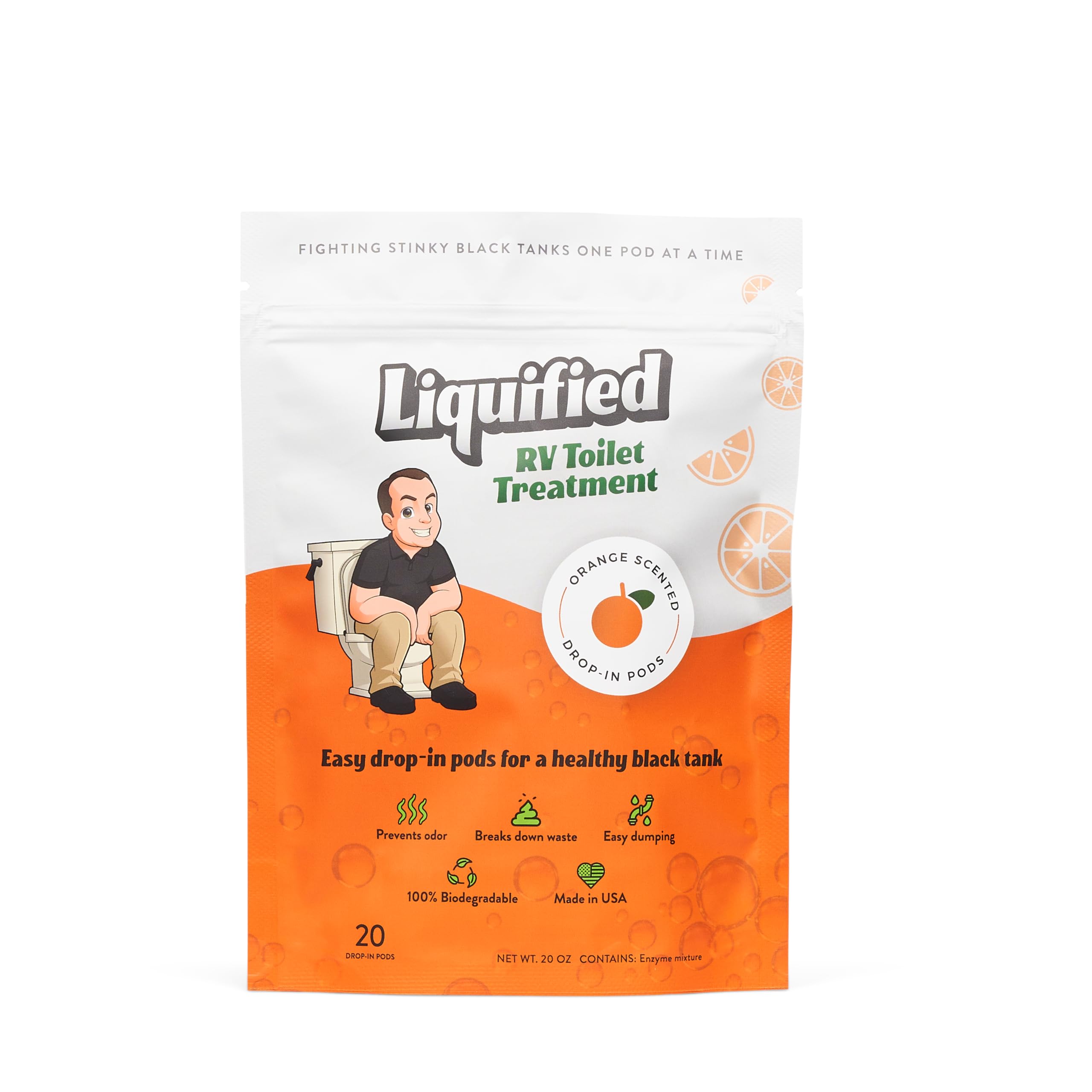 Liquified RV Toilet Treatment orange scent drop-ins, a fresh scent and easy waste treatment.