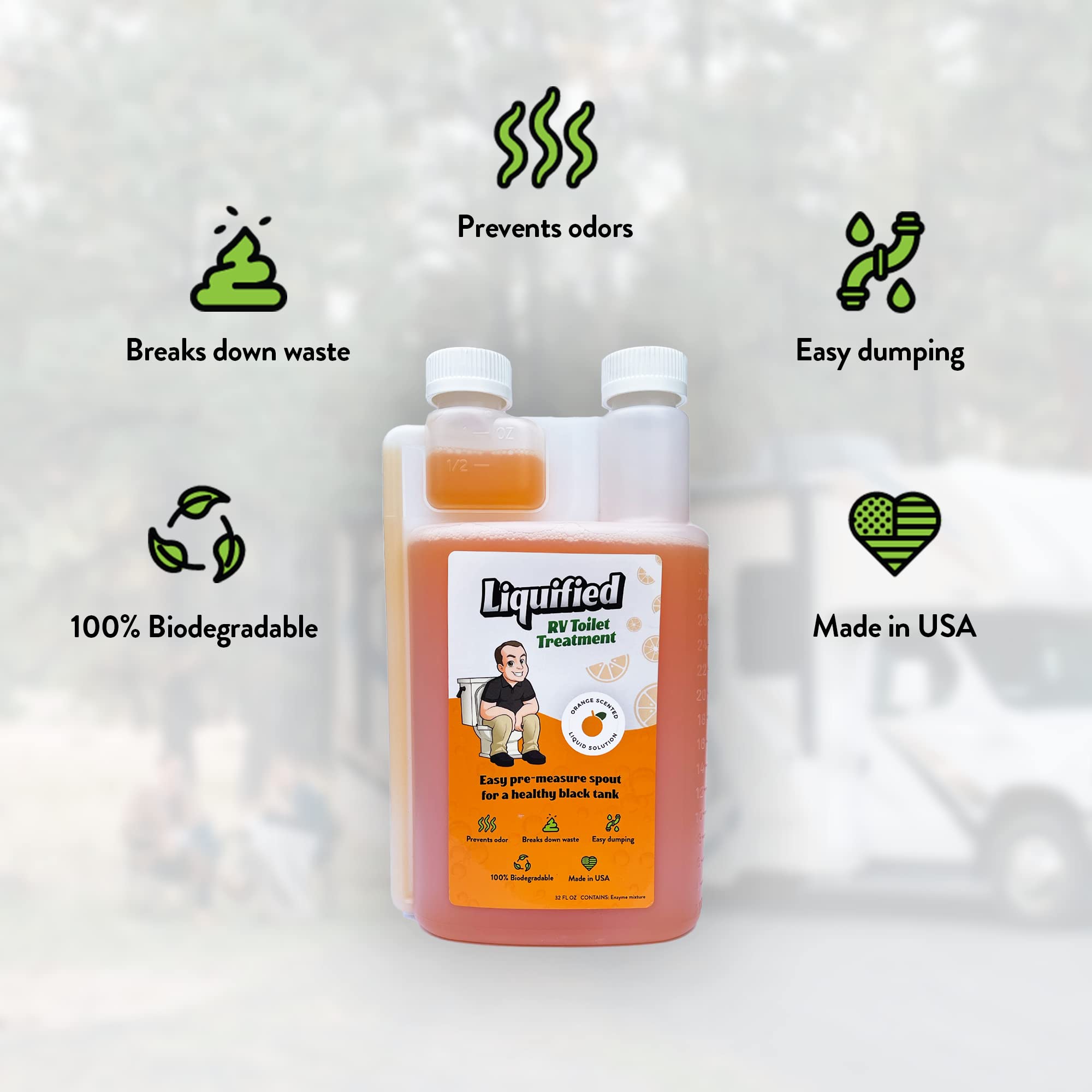Liquified RV Toilet Treatment bottle showing orange scent for odor control.