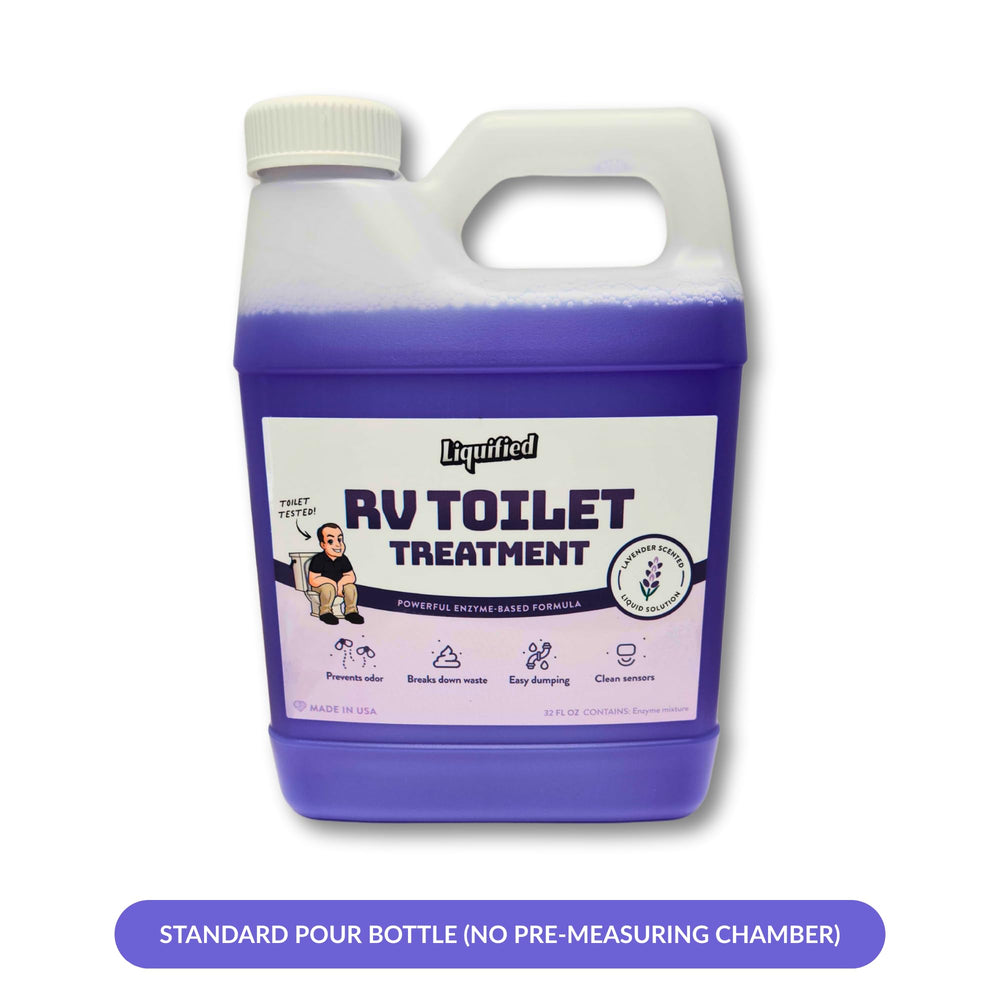 Liquified RV Toilet Treatment being poured into holding tank to speed waste breakdown.