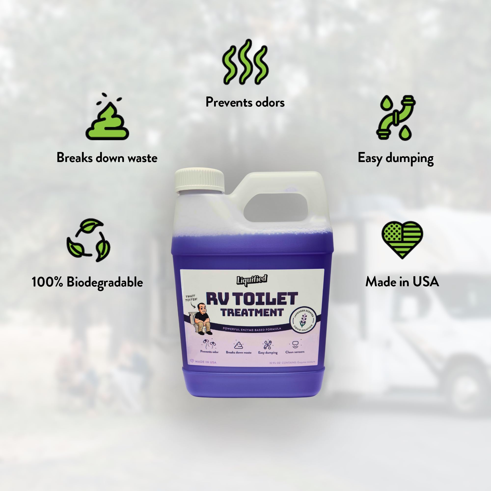 Liquified RV Toilet Treatment supports sensor cleaning for more accurate readings.