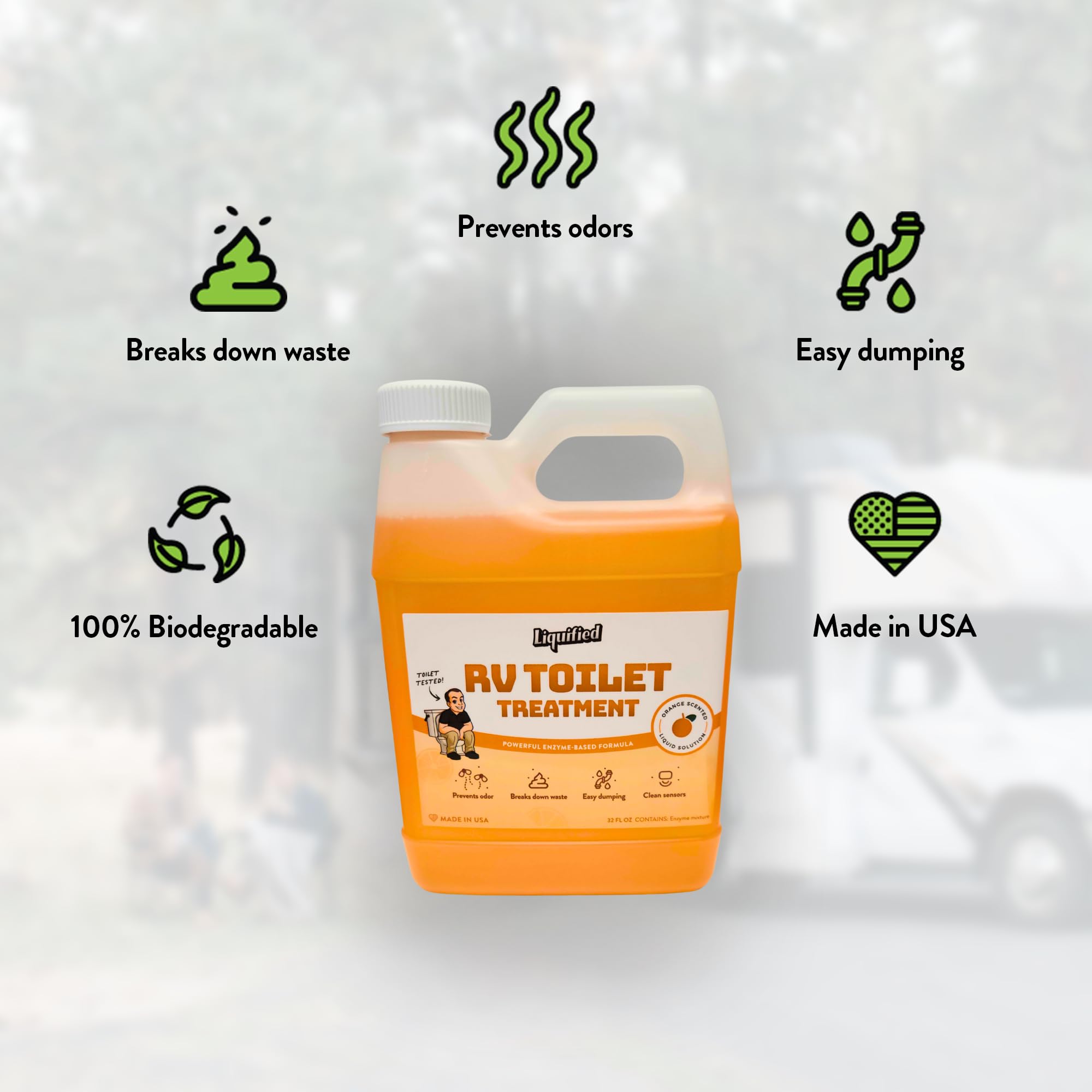 Liquified RV Toilet Treatment septic-safe formula supports biodegradable waste management.