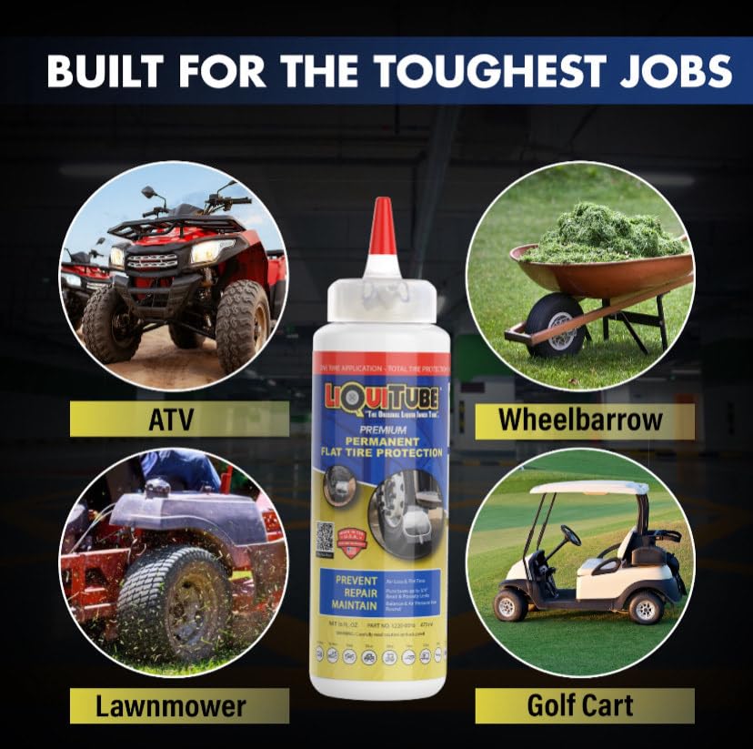 LiquiTube bottle treats mower tires on a lawn tractor.