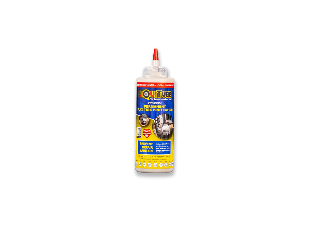 LiquiTube Premium heavy-duty tire sealant bottle ready for puncture sealing in industrial tires.