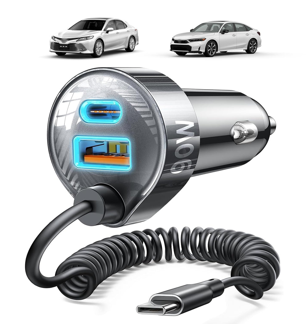 LISEN 90W car charger front-seat setup keeps cables tidy.