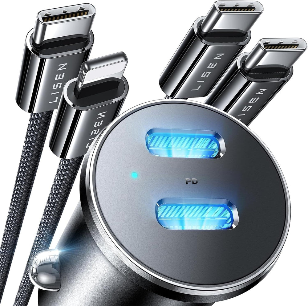 LISEN 90W dual fast car charger front view for rapid in-car charging on the go