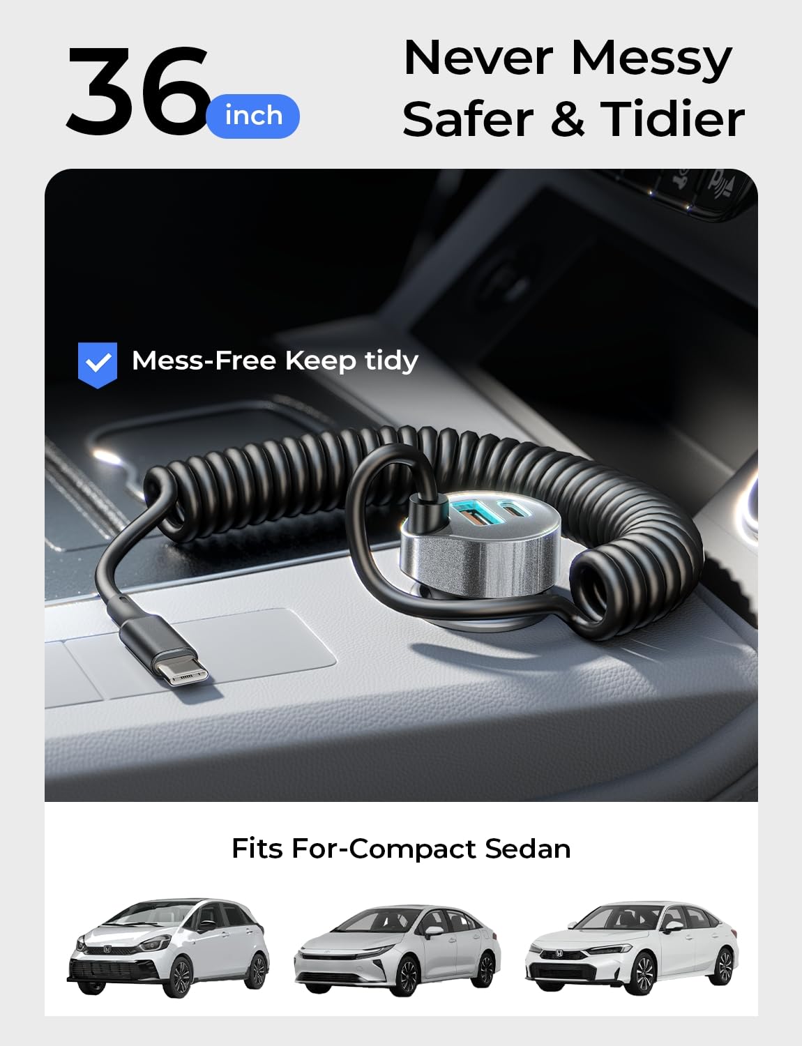 LISEN 90W USB-C coiled cable detail prevents tangles on the road.
