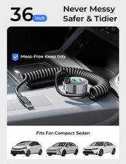 LISEN 90W USB-C coiled cable detail prevents tangles on the road.