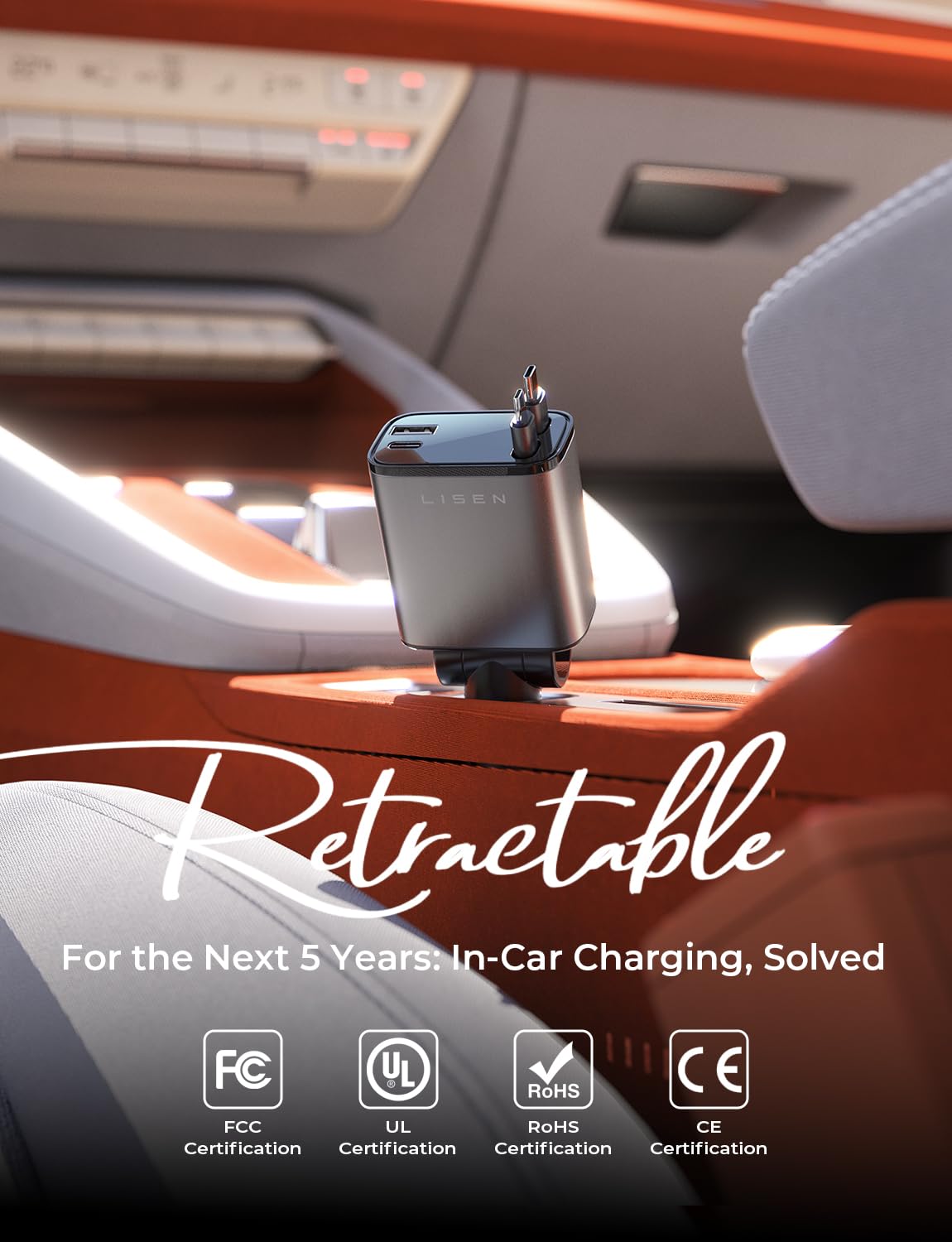 LISEN dual USB-C cables retractable to reduce cable clutter during road trips.