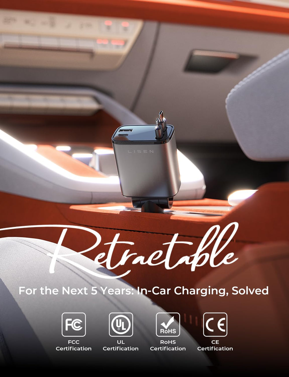 LISEN dual USB-C cables retractable to reduce cable clutter during road trips.