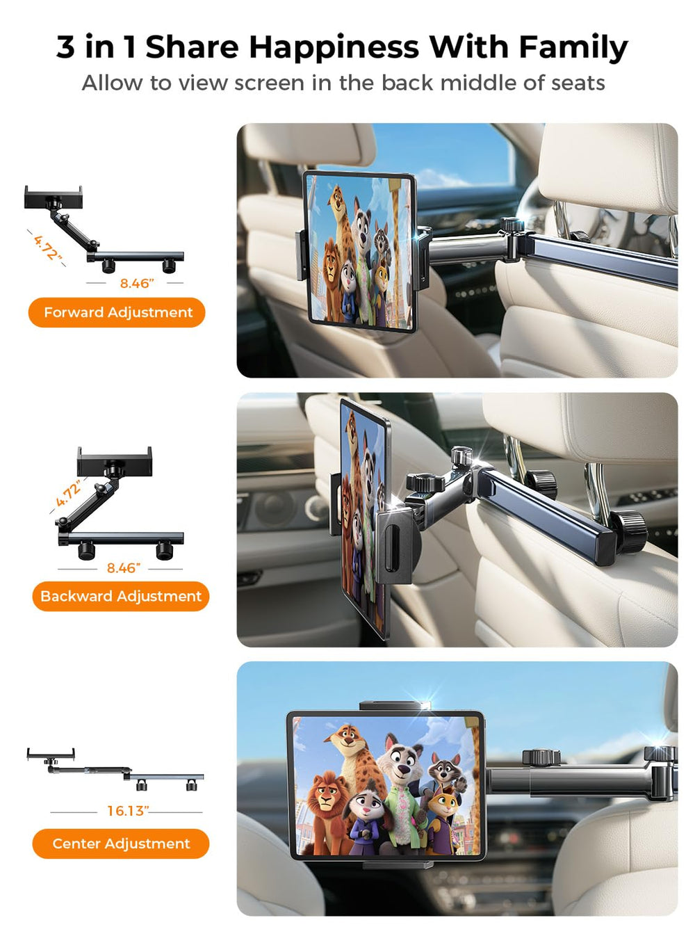 LISEN headrest-rod compatible mount fits multiple car models.
