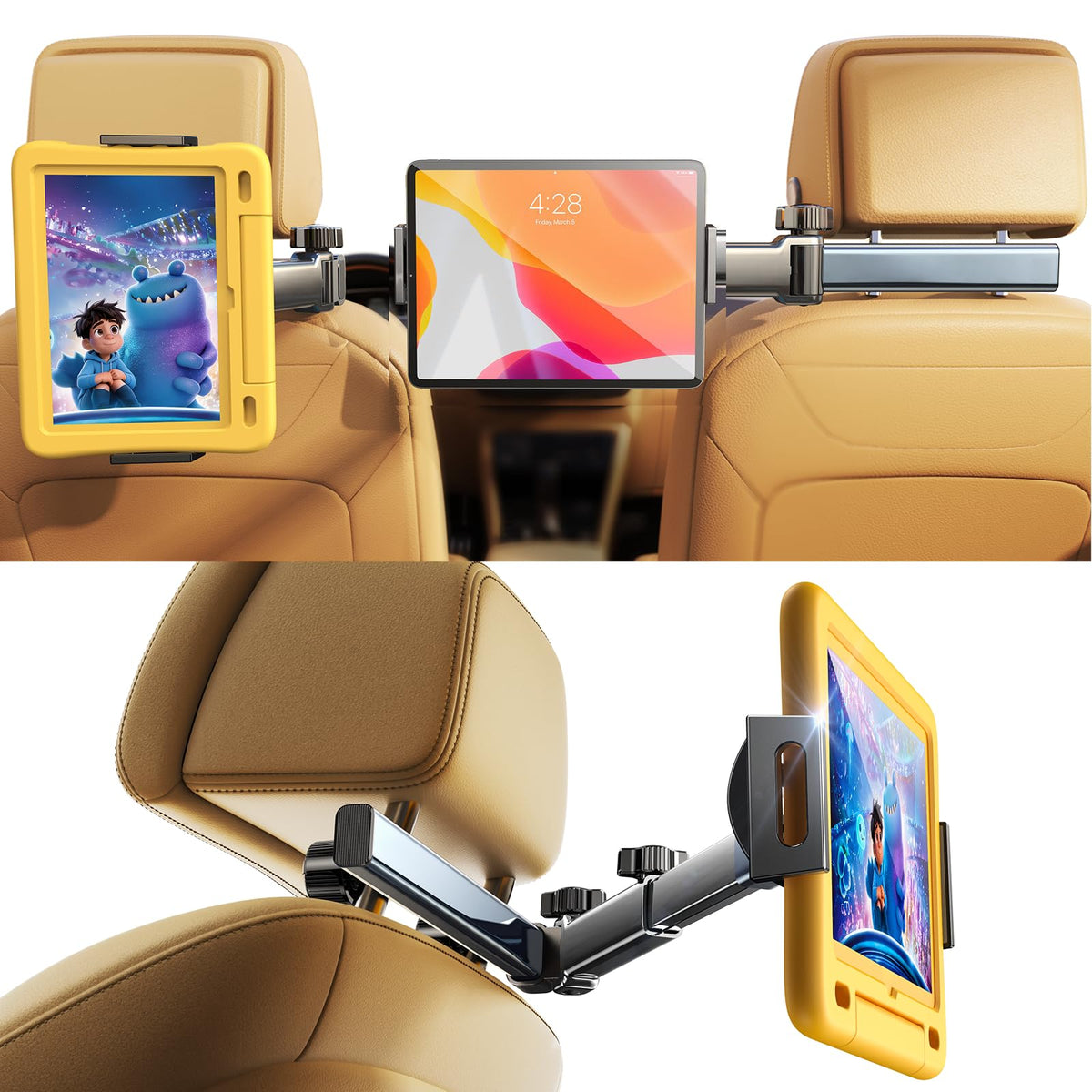 LISEN iPad holder mounted in backseat for kids' entertainment on long trips.
