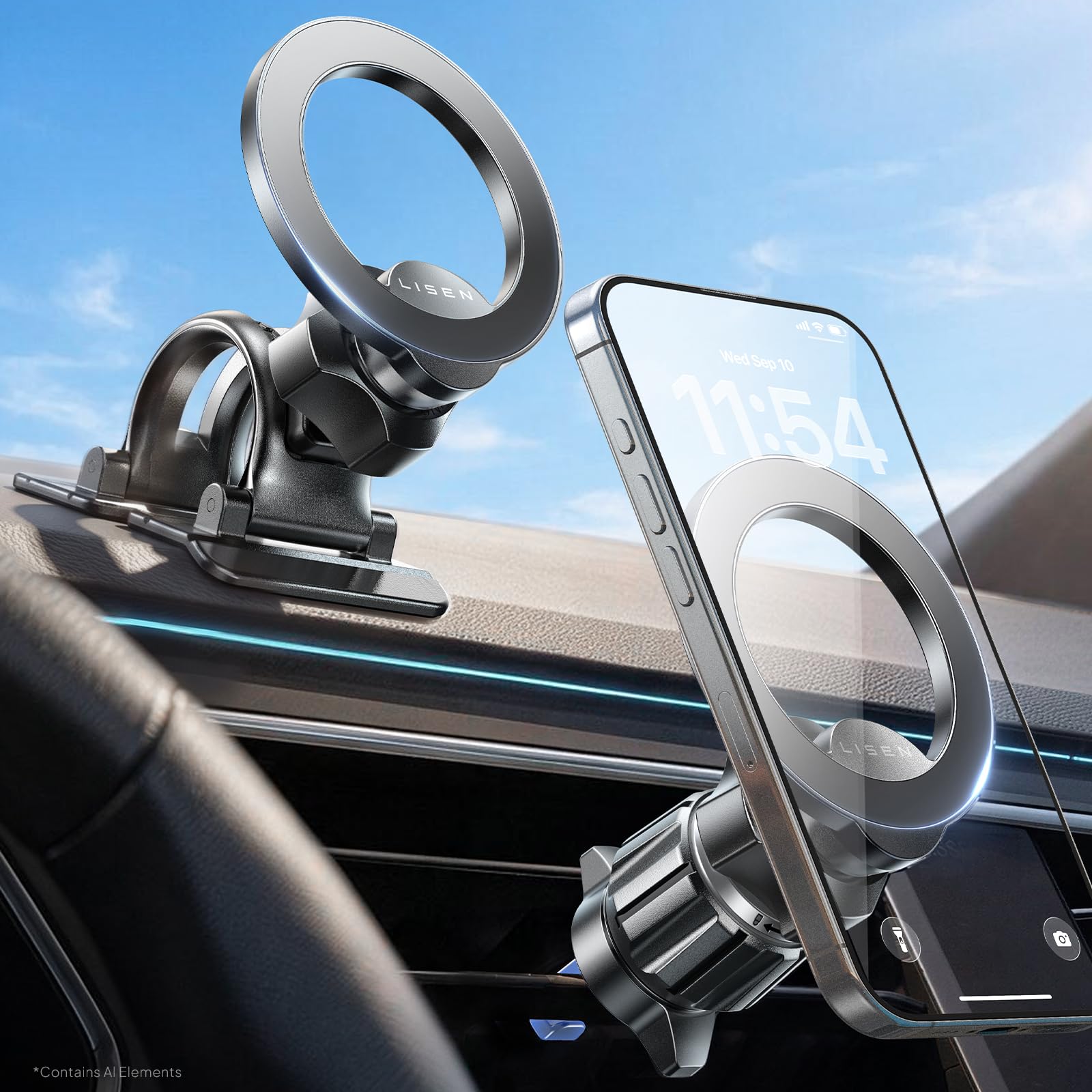 LISEN front view of MagSafe car mount showing compact profile and secure hold