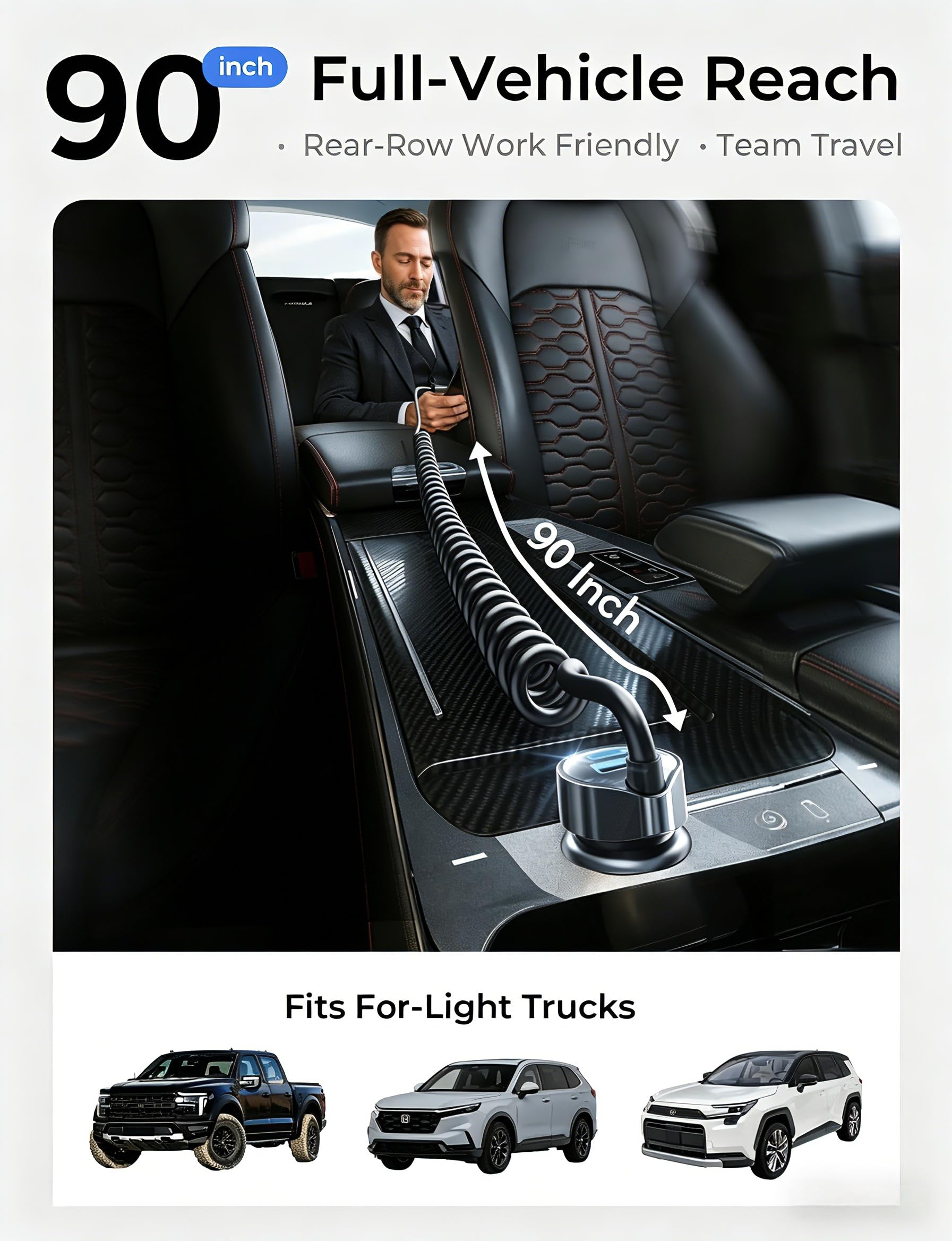 LISEN rear-seat reach charger extends to the back row for convenient family charging.