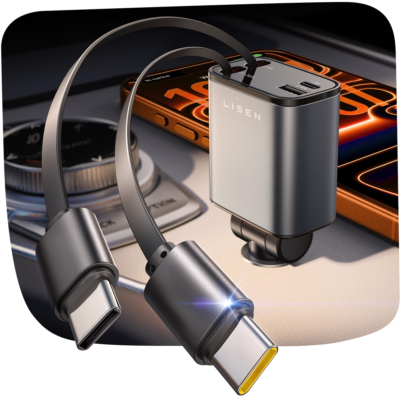 LISEN retractable USB-C car charger with compact design for easy on-the-go charging.