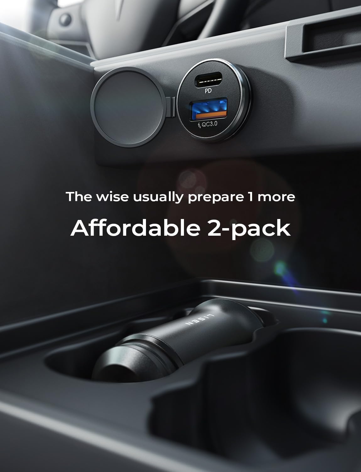 LISEN USB-C car charger dash setup demonstrates dual device compatibility.